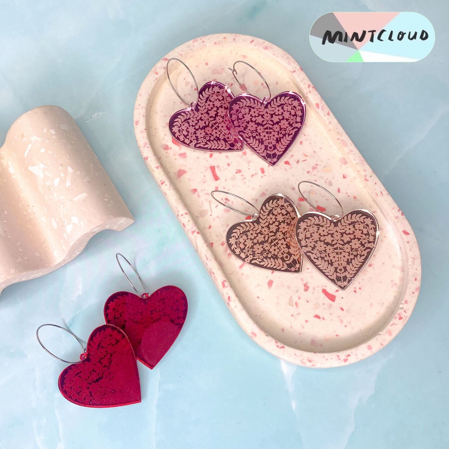 Etched Hearts Dangles - Various Colours From Mintcloud Studio, an online jewellery store based in Adelaide South Australia