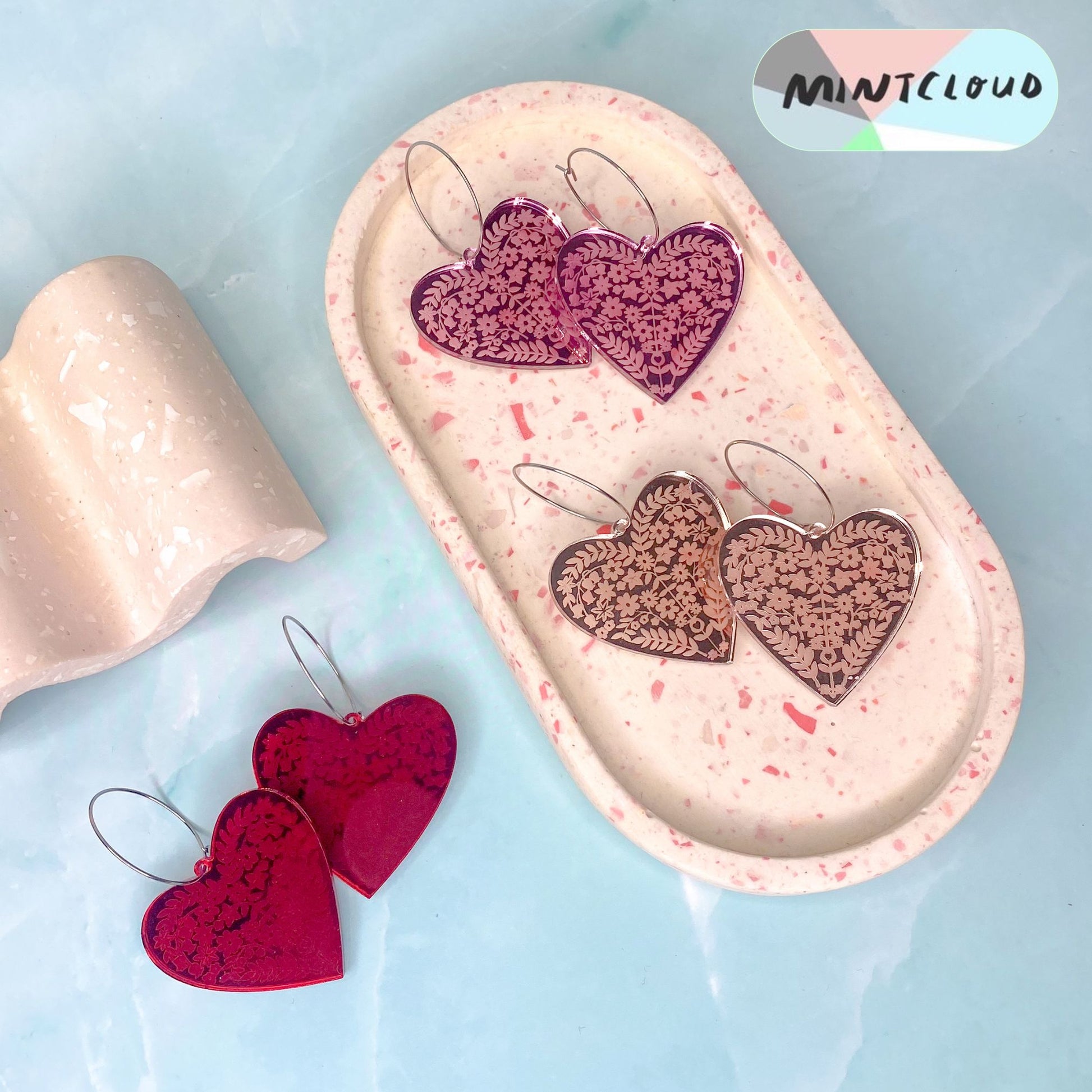 Etched Hearts Dangles - Various Colours From Mintcloud Studio, an online jewellery store based in Adelaide South Australia