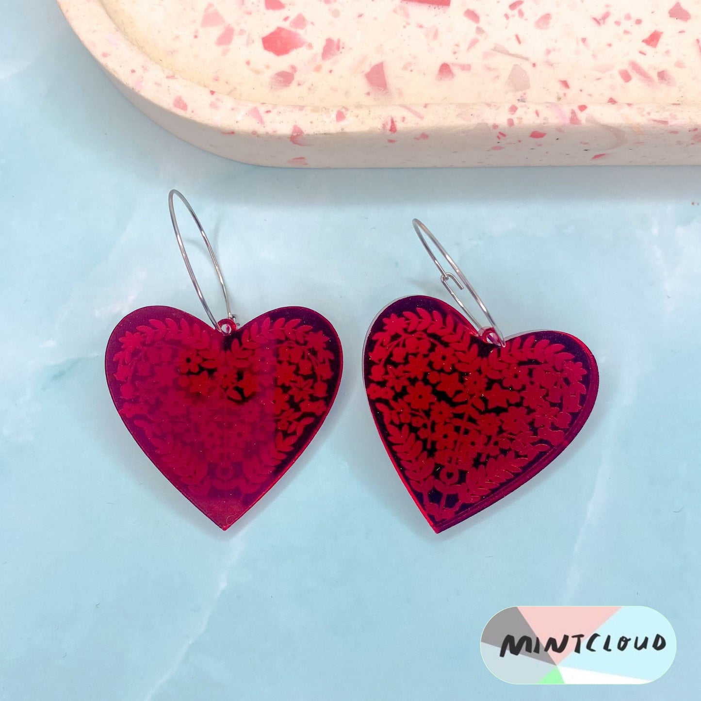 Etched Hearts Dangles - Various Colours From Mintcloud Studio, an online jewellery store based in Adelaide South Australia