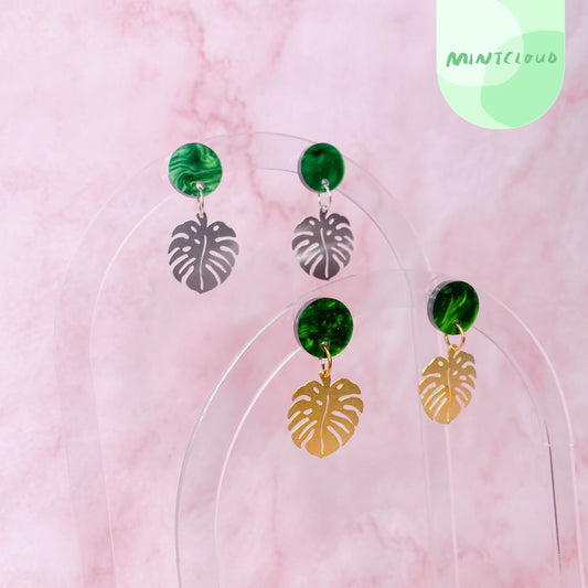 Brass Dangles - Marble Monstera From Mintcloud Studio, an online jewellery store based in Adelaide South Australia