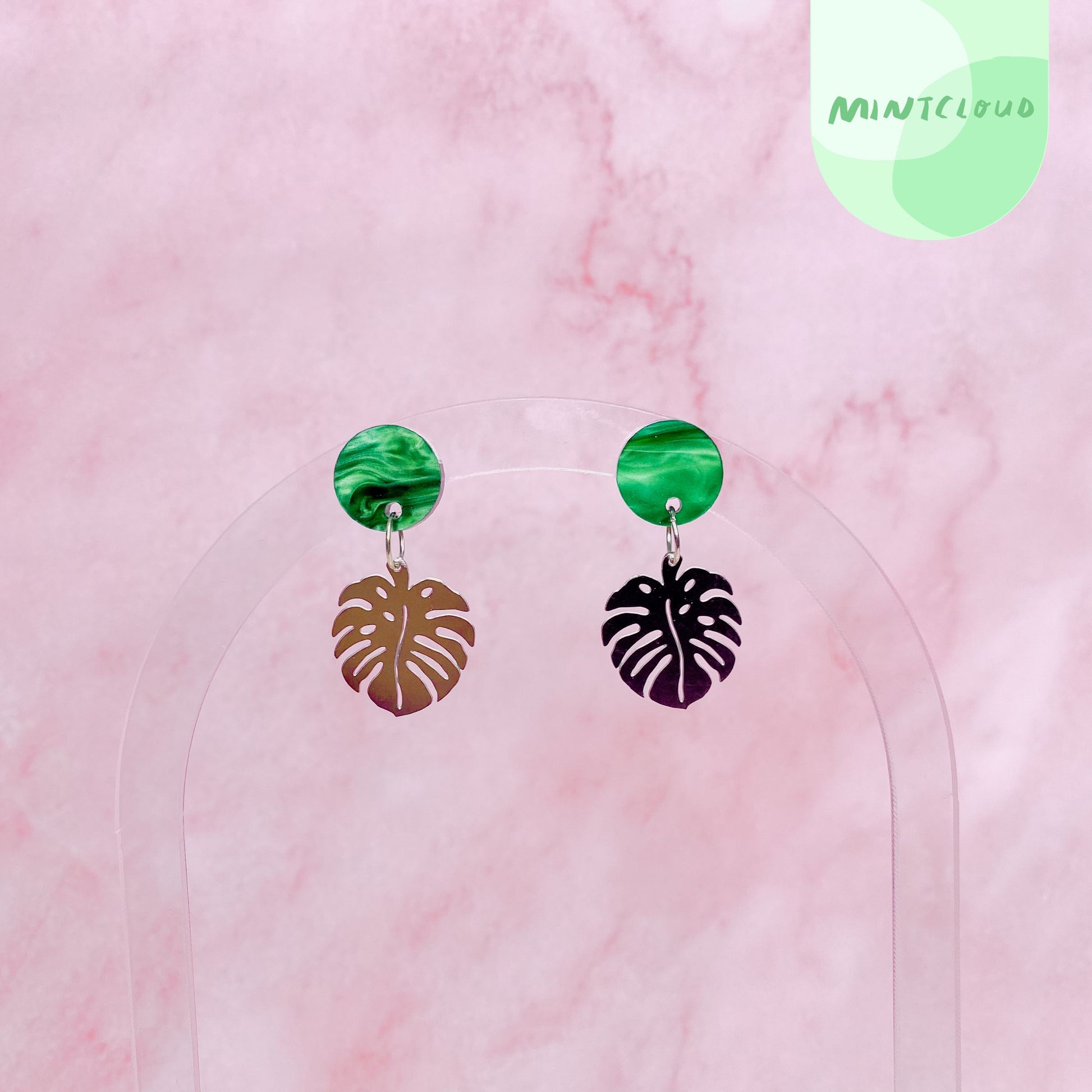 Brass Dangles - Marble Monstera From Mintcloud Studio, an online jewellery store based in Adelaide South Australia