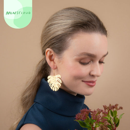 Brass Dangles - Large Monstera From Mintcloud Studio, an online jewellery store based in Adelaide South Australia