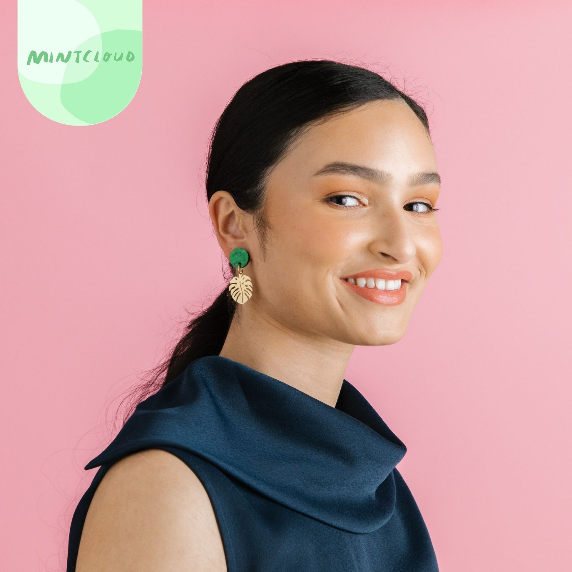 Brass Dangles - Marble Monstera From Mintcloud Studio, an online jewellery store based in Adelaide South Australia