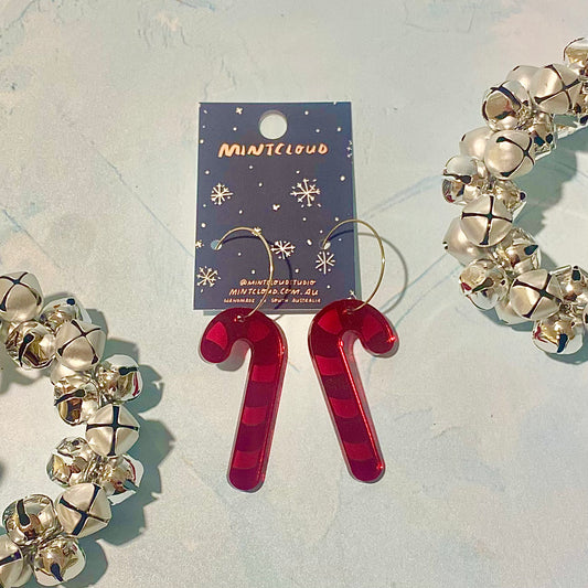 Christmas Earrings - Candy Cane Red Mirror