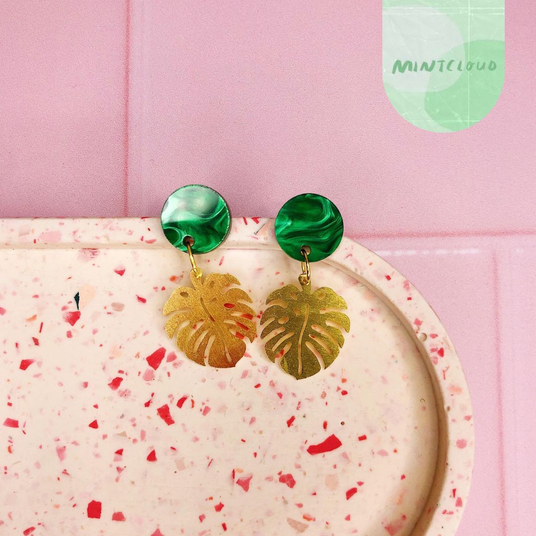 Brass Dangles - Marble Monstera From Mintcloud Studio, an online jewellery store based in Adelaide South Australia