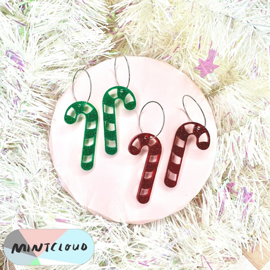 Christmas Earrings - Candy Cane Green or Red Glitter
