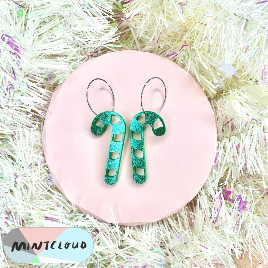 Christmas Earrings - Candy Cane Green or Red Glitter