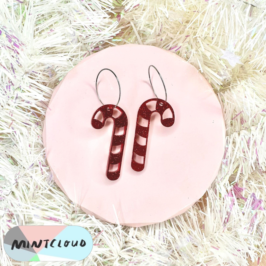 Christmas Earrings - Candy Cane Green or Red Glitter