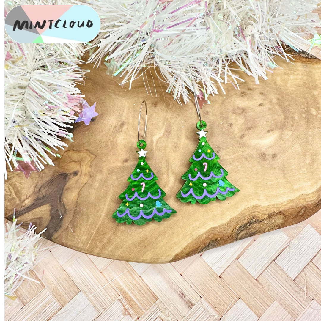 Christmas Earrings - Christmas Tree Painted