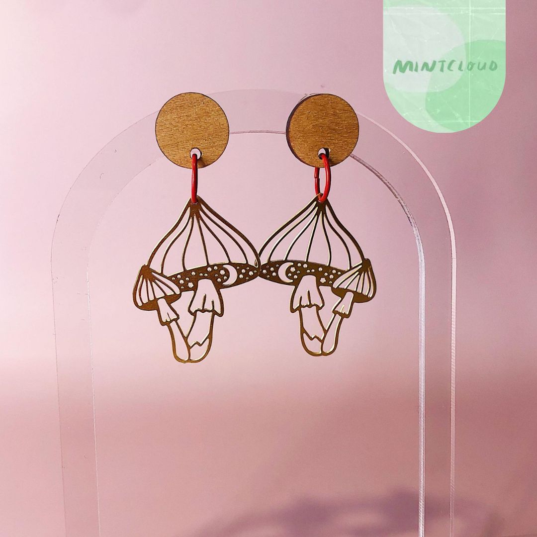 Brass Dangles - Mystic Mushrooms From Mintcloud Studio, an online jewellery store based in Adelaide South Australia