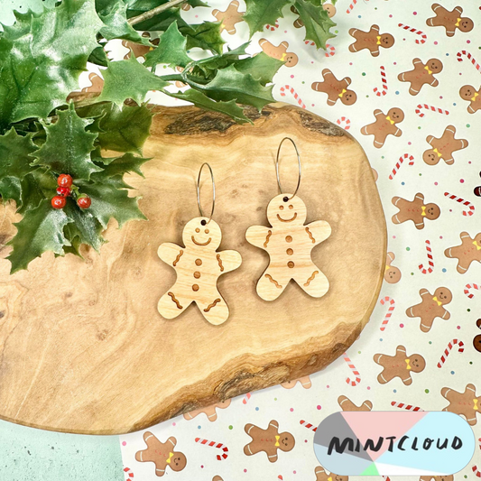 Christmas Earrings - Gingerbread Men Cherrywood