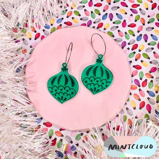 Christmas Earrings - Traditional Bauble Bright Green Mirror