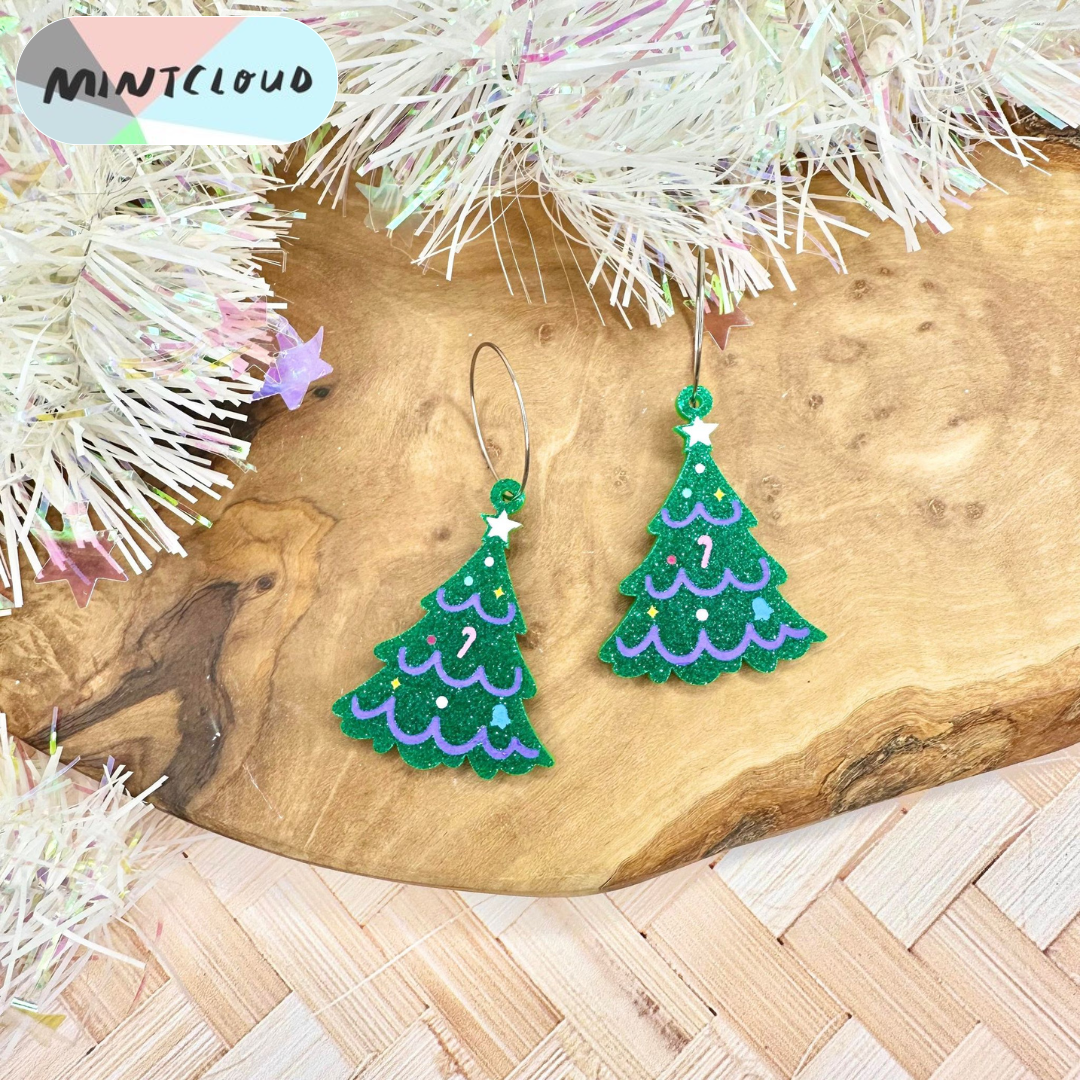 Christmas Earrings - Christmas Tree Painted