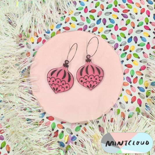 Christmas Earrings - Traditional Bauble Pink Mirror