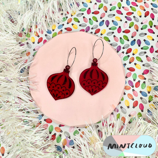 Christmas Earrings - Traditional Bauble Red Mirror