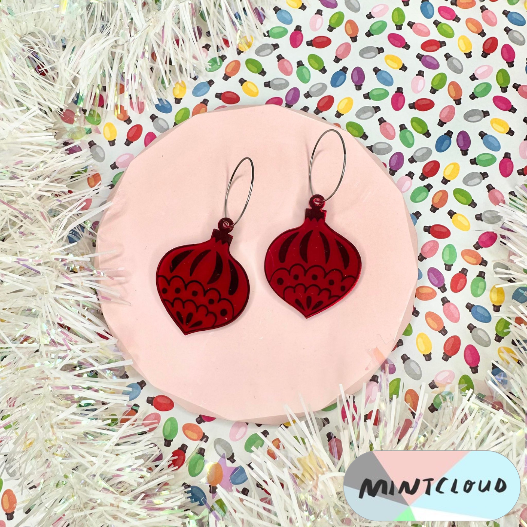 Christmas Earrings - Traditional Bauble Red Mirror