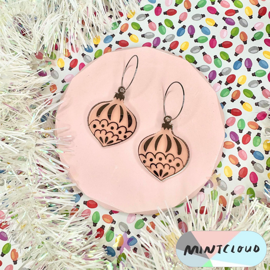 Christmas Earrings - Traditional Bauble Rose Gold Mirror