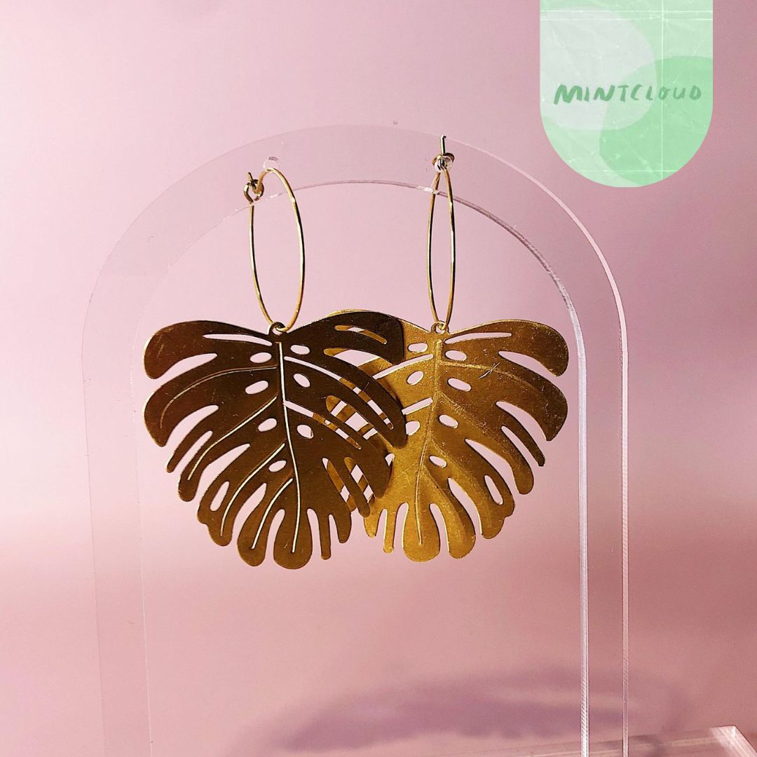 Brass Dangles - Large Monstera From Mintcloud Studio, an online jewellery store based in Adelaide South Australia