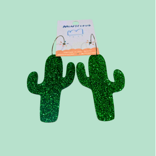 Extra Large Cactus Dangles - Shamrock Glitter from Mintcloud Studio, an online jewellery store based in Adelaide South Australia.