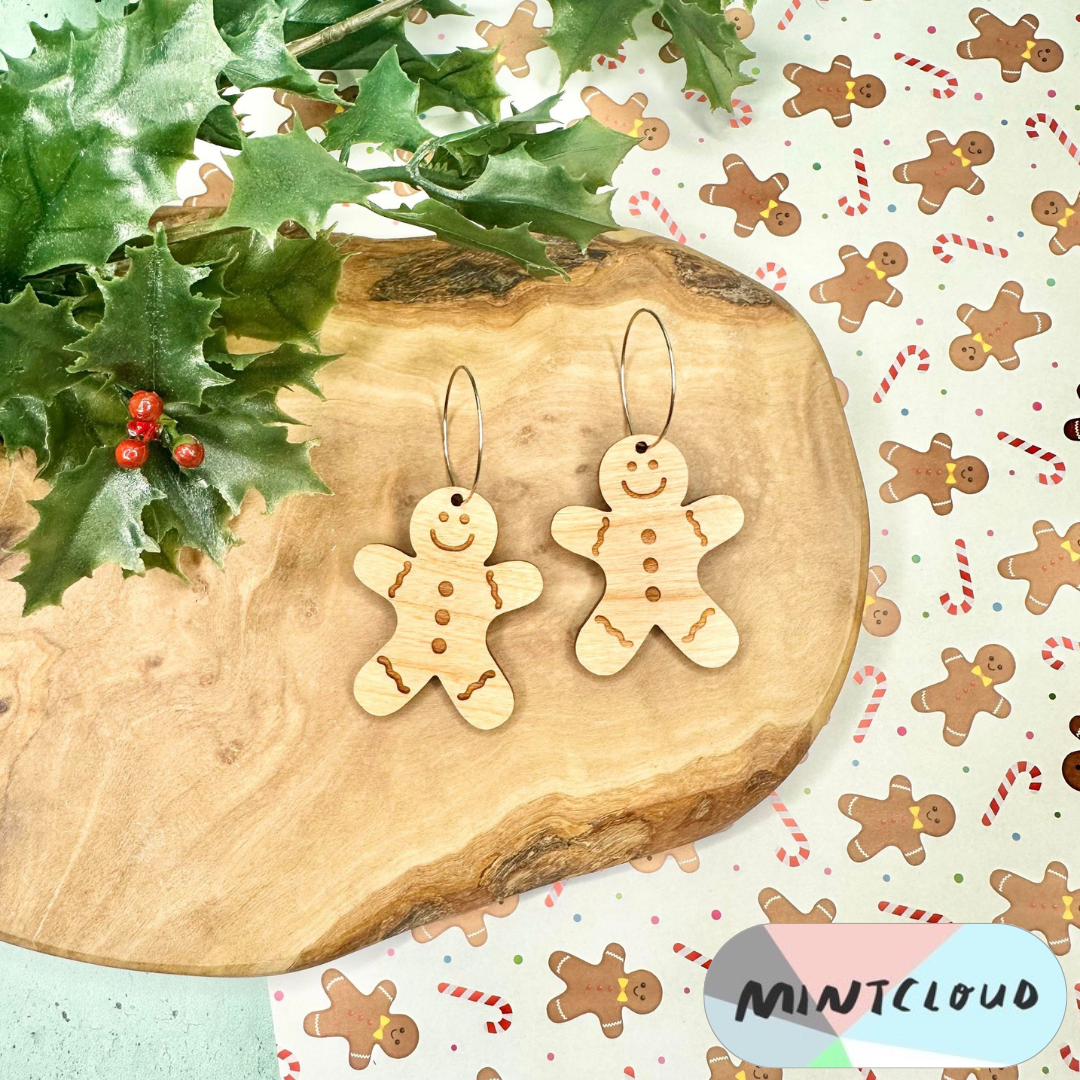 Christmas Earrings - Gingerbread Men Cherrywood