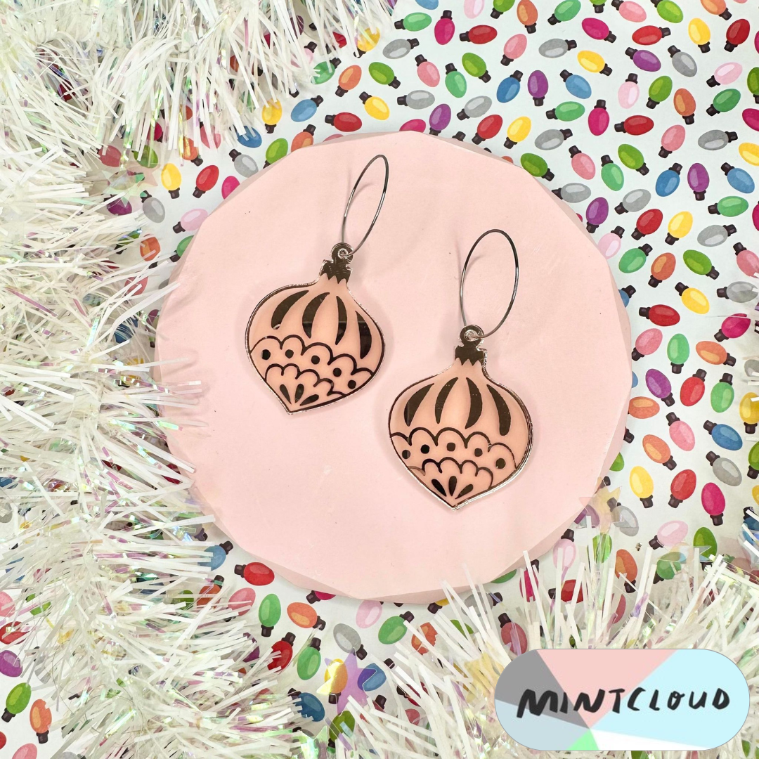 Christmas Earrings - Traditional Bauble Rose Gold Mirror